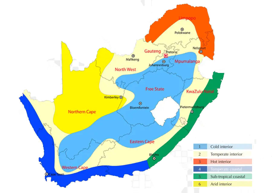 Mappa delle zone climatiche del Sudafrica Mappa delle zone climatiche del Sudafrica